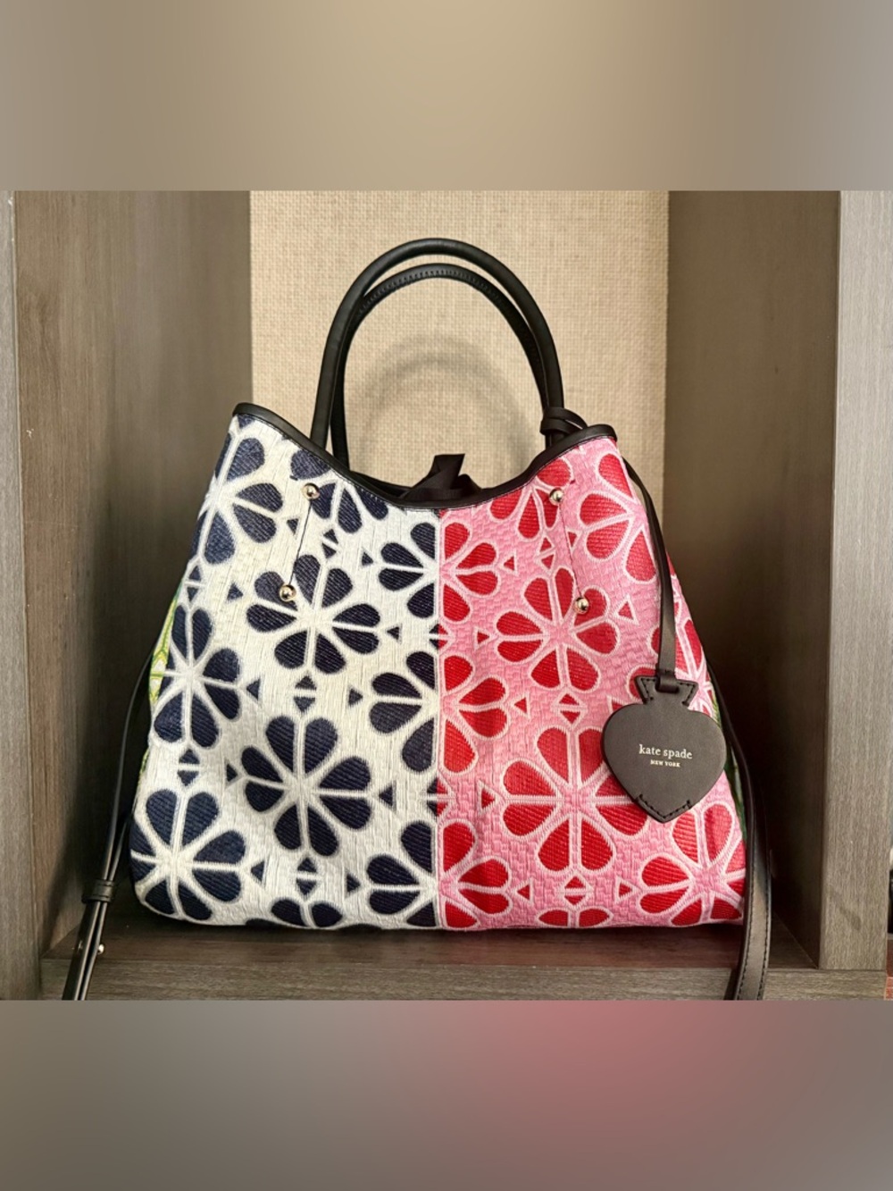 kate spade Floral Patchwork Two-Tone Tote in Black and Pink with Wristlet